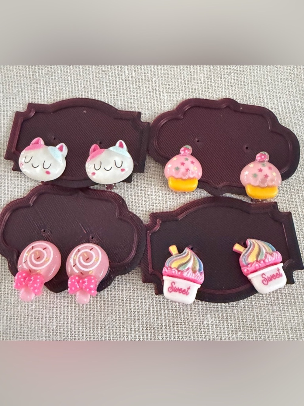 Cute Pink Dessert & Cat Clip-On Earring Set